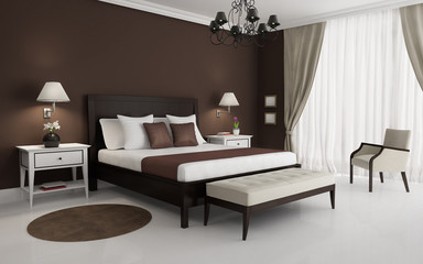 Classic, brown, luxury bedroom, with chandelier and sofa