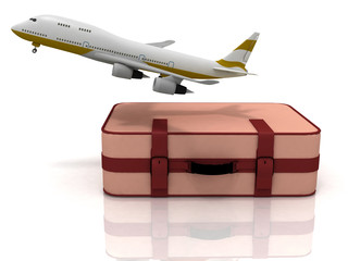 airliner and suitcase on white background
