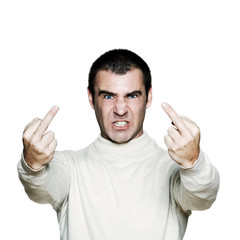 Mature man with middle fingers up