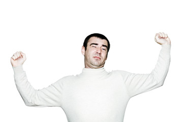 Fototapeta premium Lazy man stretches his hands