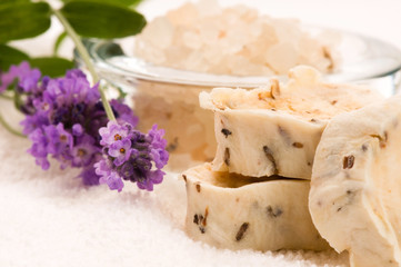 Handmade Soap With Fresh Lavender Flowers And Bath Salt