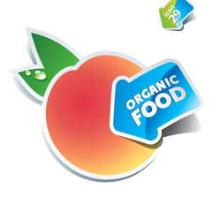 Icon peach with arrow by organic food. Vector illustration.