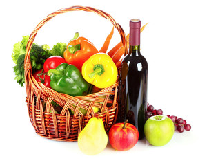 A set of vegetables in wricker basket isolated on white