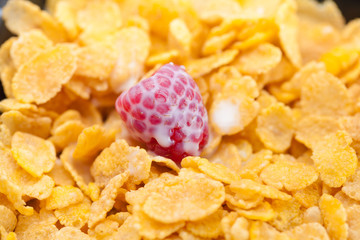 raspberry,milk and flakes in a bowl