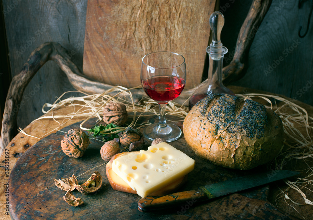 Poster Still life with cheese and red wine