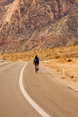 Cyclist in Blue Jacket on Desert Road