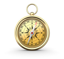 Golden compass on white background