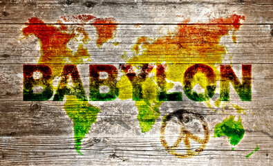Fototapeta premium Holzschild - Pokój dla światowego systemu Babylon