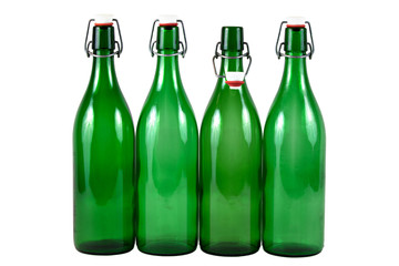 Four Empty Green Glass Bottles Isolated on White Background
