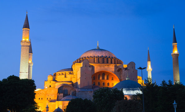 Illuminated Hagia Sophia at dawn