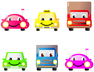 Naklejka premium A set of colorful fun and cute cars and toys. Cartoon.