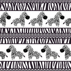 Fototapeta na wymiar African seamless patterns with cute zebra and zebra skin.