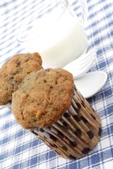 cherry muffins and cup of milk - obrazy, fototapety, plakaty