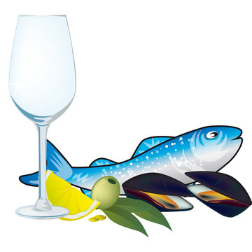 fish, wine glass, lemon, mussels still life clip art preview
