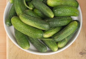 Fresh raw cucumbers in white plate on a table