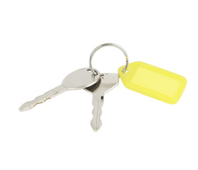 Key with a blank tag closeup on white background
