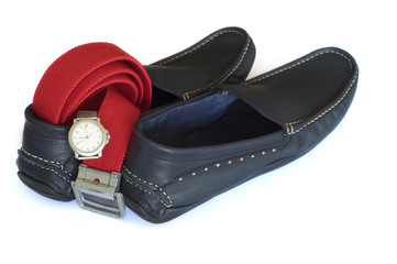 navy italian mocassins with red belt and silver watch