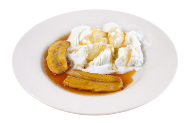 Roasted banana with ice cream, isolated on white