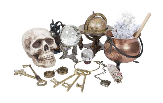 Skull, Keys, Copper Pot, Crystal Ball and other Witch Desk Items