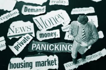 Business man figure standing on bad news headlines
