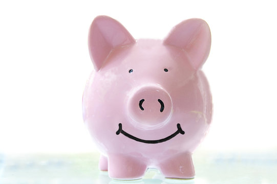 Smiling Pink Piggy Bank, On White
