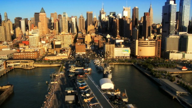 Aerial view of New Yorks many Piers in the  Financial District of Manhattan, USA