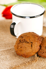 soft ginger cookie with milk in white enamel mug