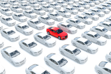 Fototapeta premium One red car with hundreds white