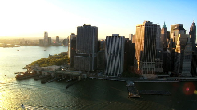 Aerial of Downtown Manhattan Skyline at Sunset, NY, USA