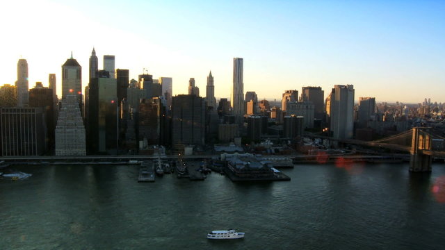 Aerial view of the Setting Sun over Manhattan, NY, USA