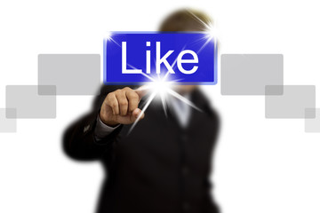 Hand pushing like button isolated