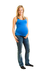 Pregnant woman isolated on white in blue shirt