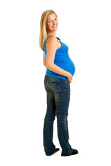 Pregnant woman isolated on white in blue shirt