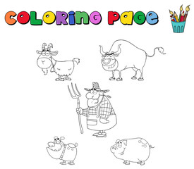 Coloring page with farm animals and farmer