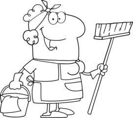 Outlined Cleaning Lady Cartoon Character