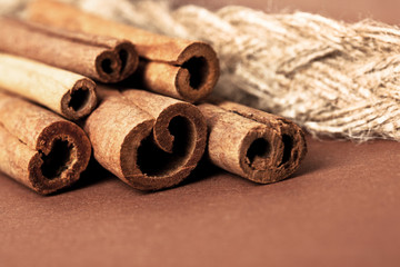 cinnamon sticks on brown background
