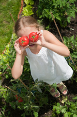Vegetable garden - funny girl with picked tomatoes