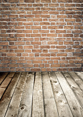 red brick wall and wooden floor, rural interior