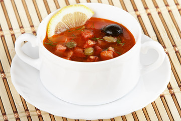 Russian and Ukrainian cuisine. Meat solyanka