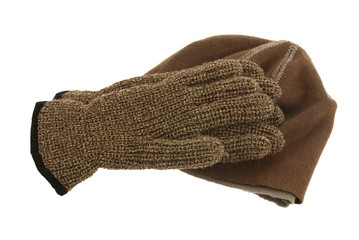 Brown woolen cap and pair of gloves
