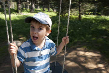 Boy on swing in forest