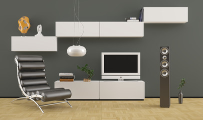 Black leather armchair in modern comfortable interior design