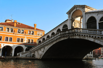 View of the Grand Canal in Venice with the Rialto bridge.