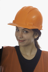 lady hardhat worker with vest