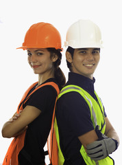 male and female hardhat workers