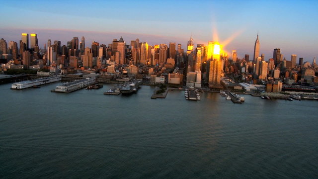 Aerial view of Downtown Manhattan at Sunset, NY, USA