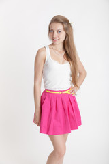 blonde in a pink skirt