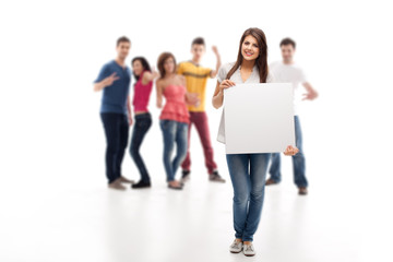 Fototapeta premium woman holding blank ad banner