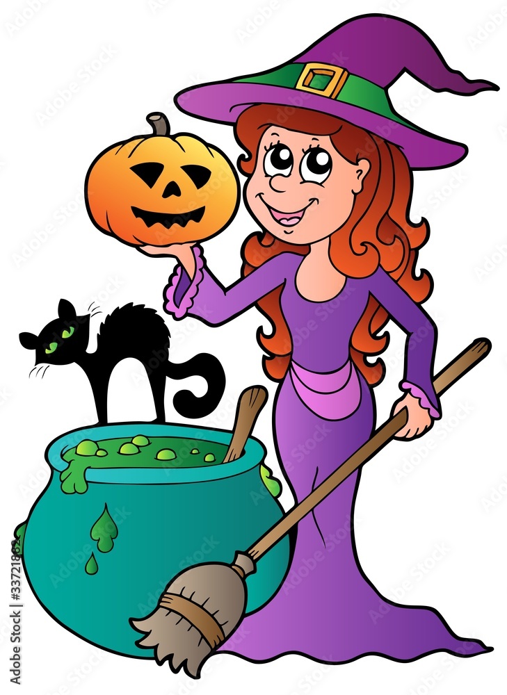 Wall mural cartoon halloween witch with cat