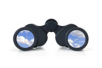 Black binoculars with sky lens. Freedom concept.